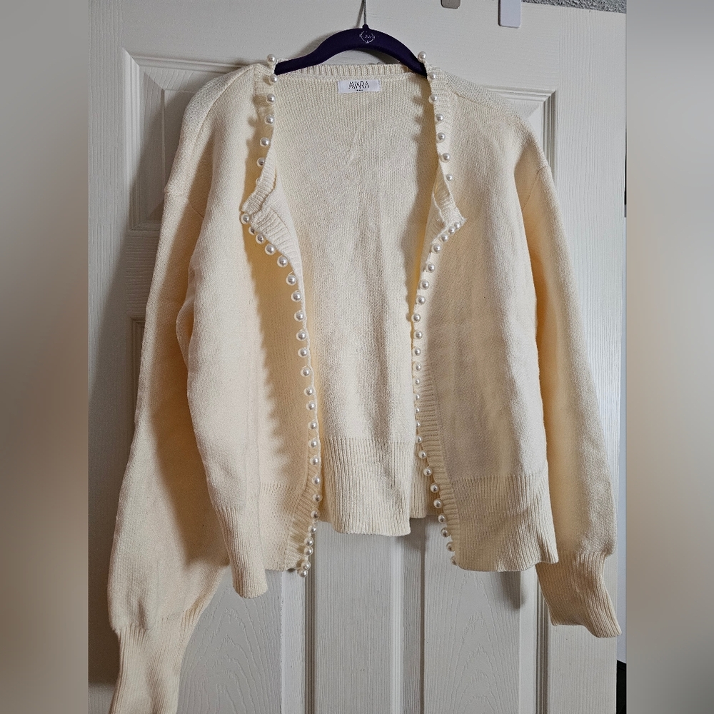 Elegant Cream Pearl-Embellished Women's Sweater